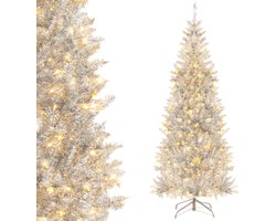 COSTWAY 180 cm Hoge Voorverlichte Kunstkerstboom van Klatergoud Slanke Kerstboom met 790 Takpunten 300 Warmwitte LED-Verlichting