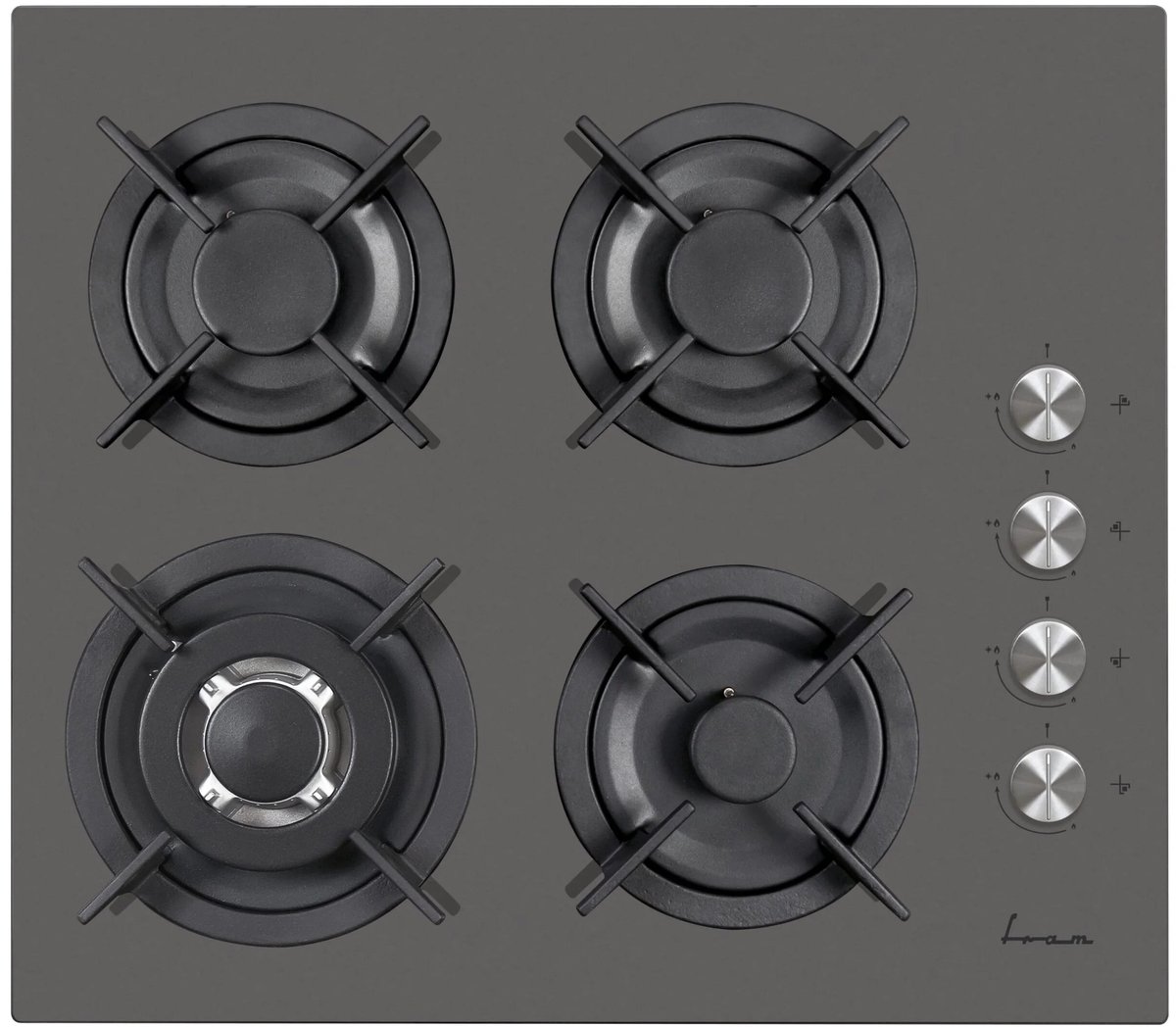 Fram FBH-V4IWF-GVG Inbouw Gaskookplaat – 60 cm – 4 Branders – Wok – Elektronische Ontsteking – Vlambeveiliging – Retro Design – 5 Jaar Garantie – Grijs Glas