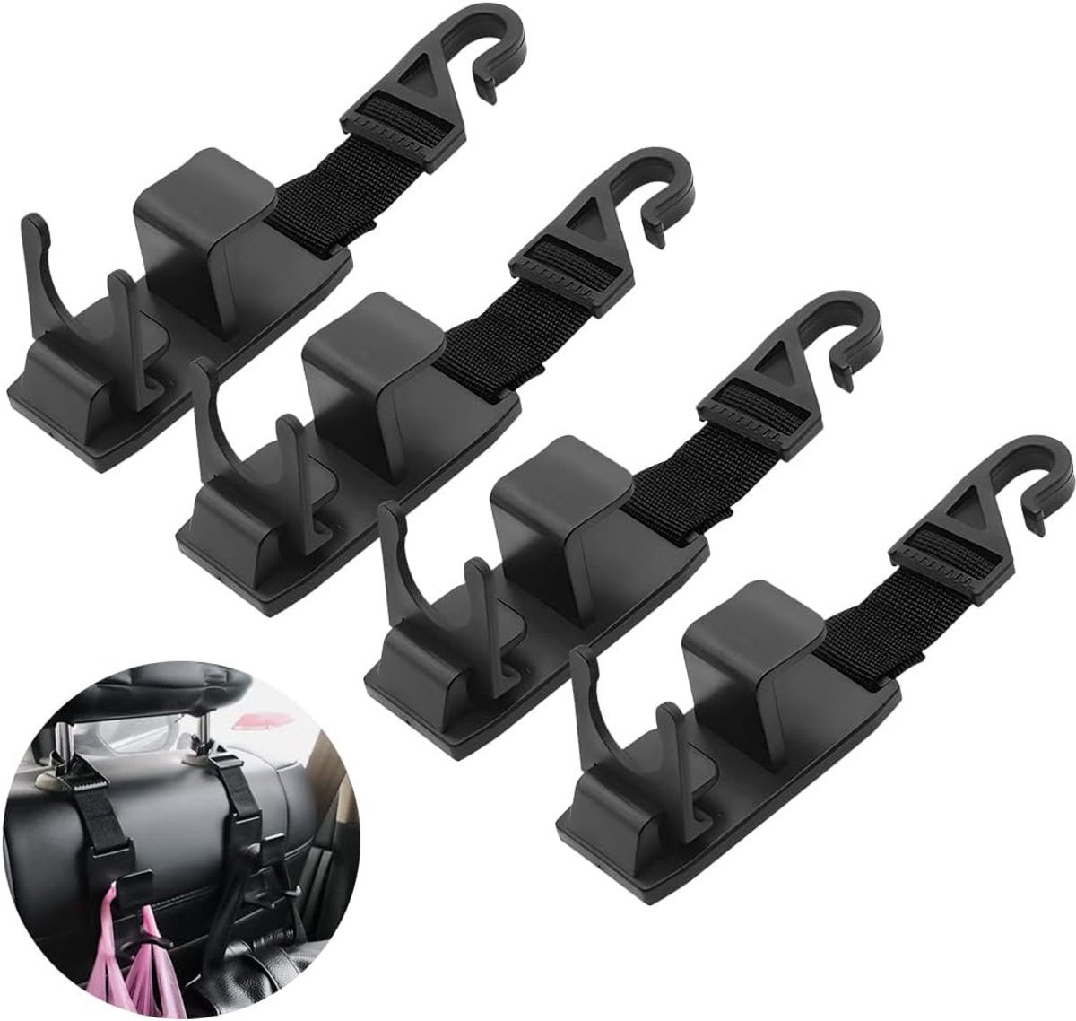 Image of 4stuks - Autohoofdsteunhaken - Autostoelhaken Geschikt Voor hoofdsteun - Haak Geschikt Voor autostoel - Hoofdsteun Haakjes - Tassenhanger - Handtas Hanger - Zwart - Hoofdsteun Autohaken