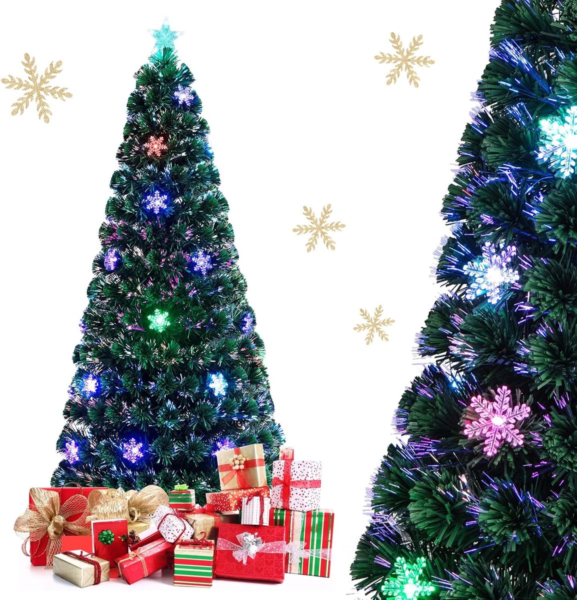 COSTWAY Led-kerstboom, kunstdennenboom, verlicht 90/120/150/180 cm, groen, met glasvezel-kleurwisselaar glasvezel. 180 cm.