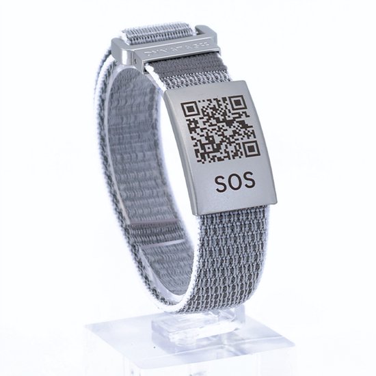 DynaTag SOS Armband Medische Armband met QR-code - Textiel Grijs - Volwassenen en Kinderen