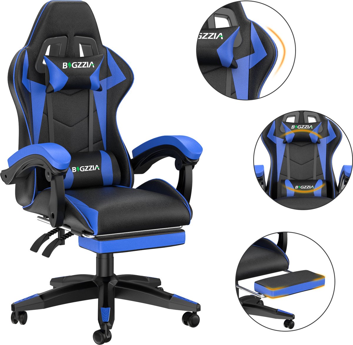 Bigzzia Gaming stoel - Ergonomisch PU leer - In hoogte verstelbare bureaustoel - met lendensteun en hoofdsteun - 155° verstelbare rugleuning - Gaming stoel volwassenen kinderen