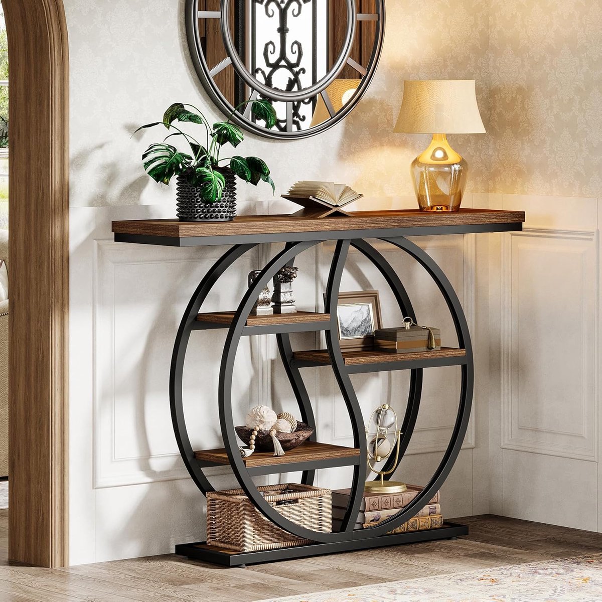 Tribesigns Consoletafe - Industriële 4 tier Consoletafe - Bruin - 120 x 30 x 90 cm - Console Tafel voor Hal, Woonkamer, Entree, Foyer