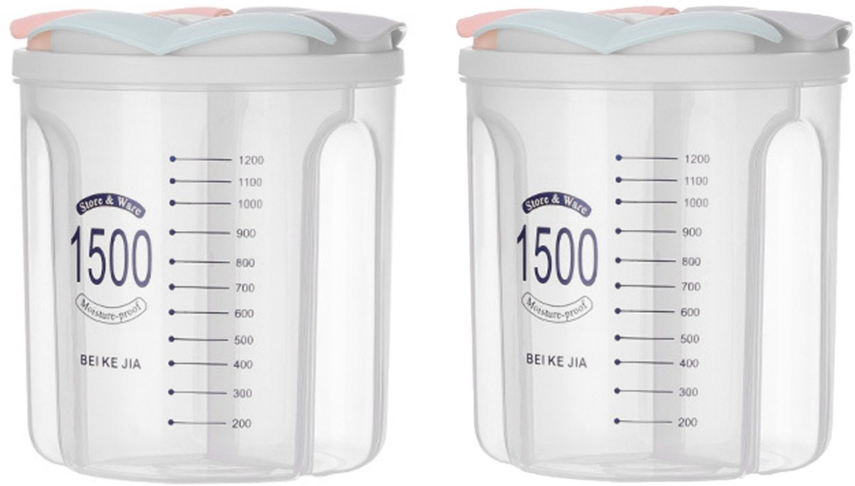 CHIWIN Keuken Bewaarpot 2-pack - Meervaks Graanopslag Pot - pslagbak met Schaalverdeling - Luchtdichte Voedselopslag voor Granen Bonen Noten - 13.8 x 12.5 x 15.5 cm