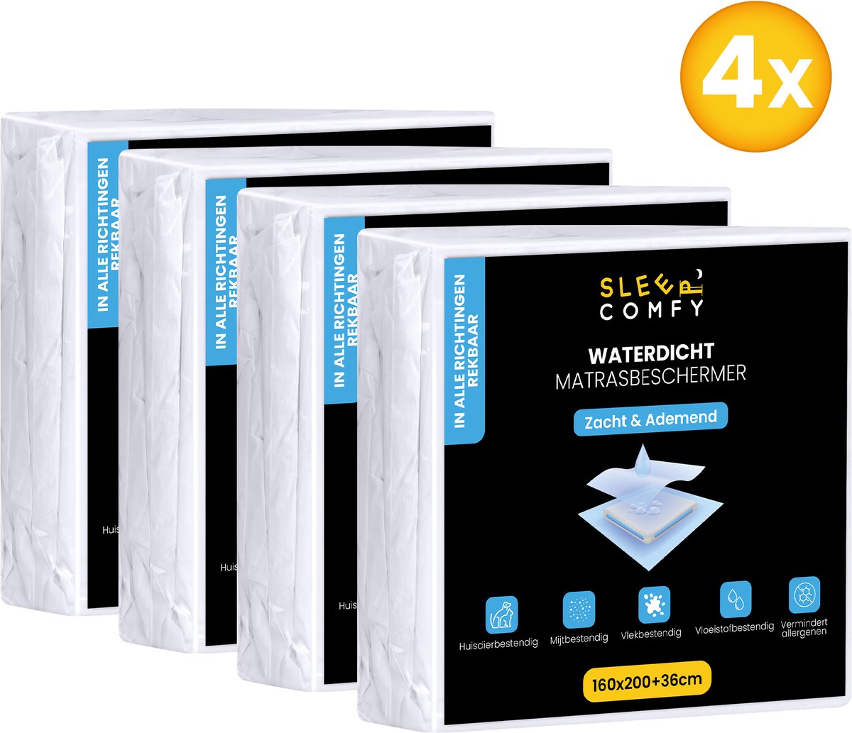 Sleep Comfy - 4 stuks Waterdicht Matrasbeschermers | 160x200 cm - Moltons - Hoeslakenbadstof - Antibacteriëel - Rondom Elastiek - Wit - Waterdichte Matras Beschermer - Incontinentie Matrasbeschermer