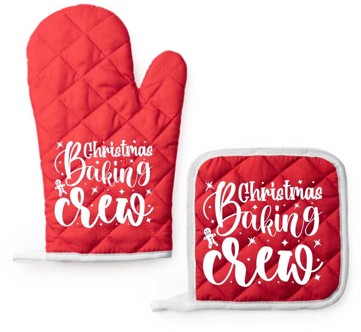 EIZOOK Kerst Kookset – Rode Ovenwant en Pannenlap met Speelse Tekst Print - CHRISTMAS BAKING CREW