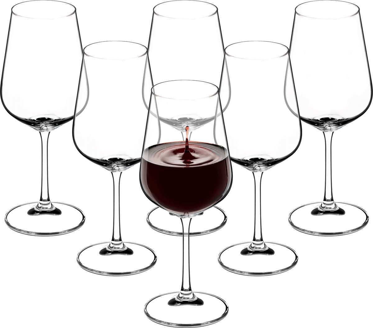 KADAX Rode wijnglazen van kristalglas, set van 6, 450 ml, mooie wijnglazen met hoge steel, rode wijnkelk voor thuis, feest, hoogwaardige kwaliteit, brede onderzetters