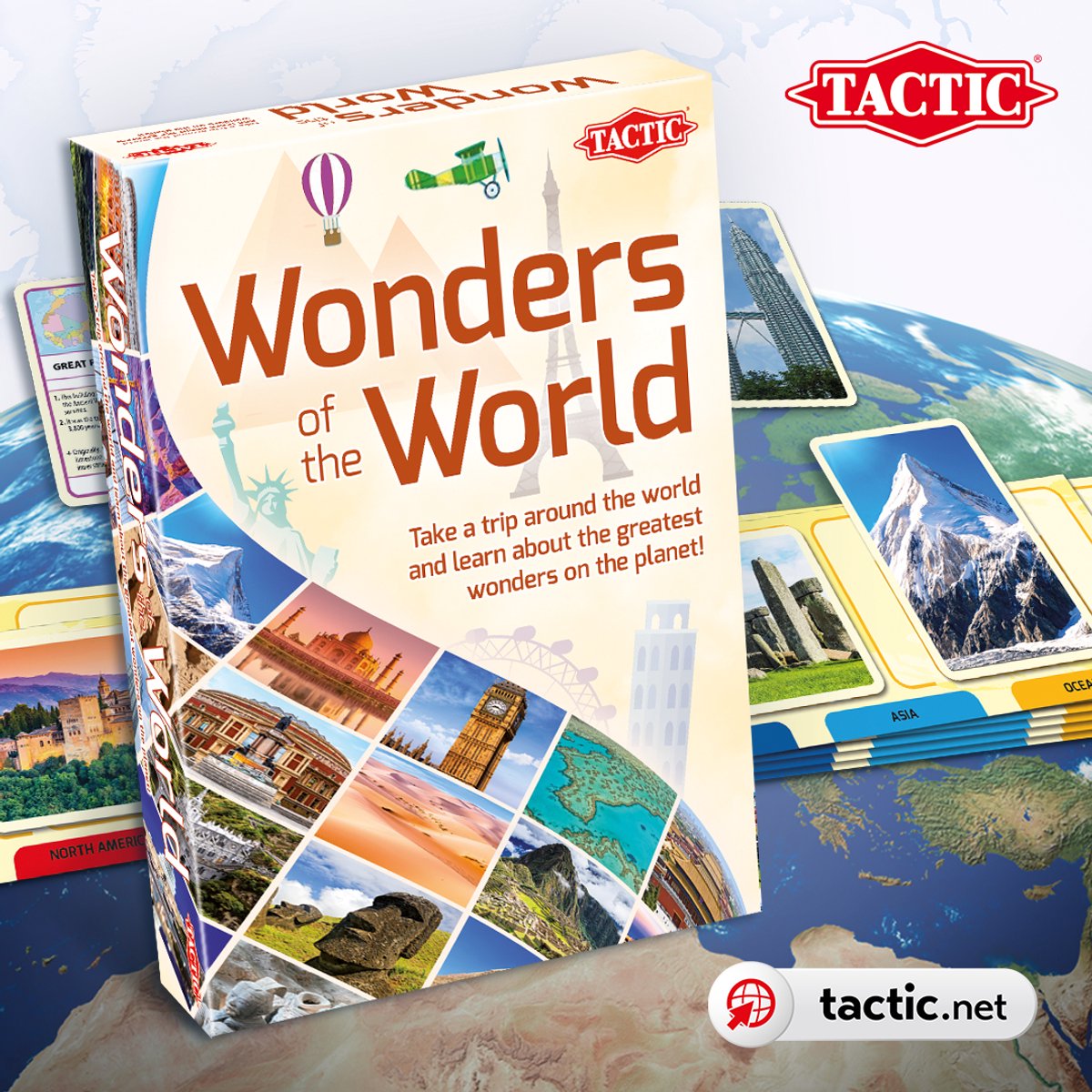 Tactic Wonderen van de Wereld – Educatief spel – Leer de wereldwonderen – 195 Kaarten – 6 Speelborden met werelddelen — afbeelding 2
