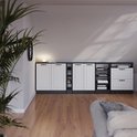 Witte kastdeuren en lades met antracietkleurig frame in een kamer met houten vloer.
