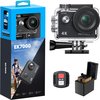 Verpakking en accessoires van de AKASO EK7000 actiecamera, zwart, met waterdichte behuizing.