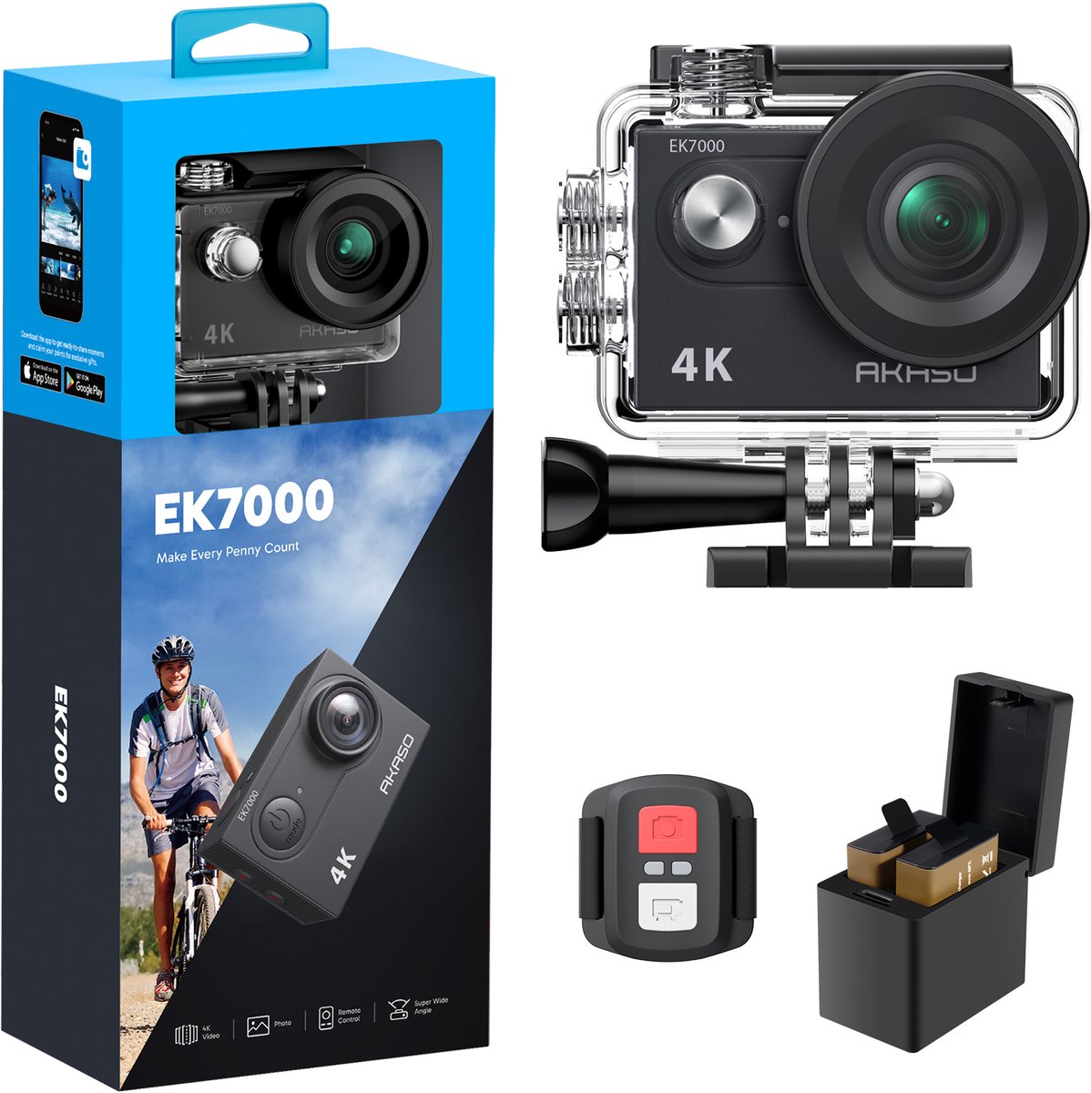 AKASO EK7000 Action Camera 4K – WiFi – Afstandsbediening – Waterdicht 30m – 4× Zoom – Onderwatercamera met Accessoireset – Zwart