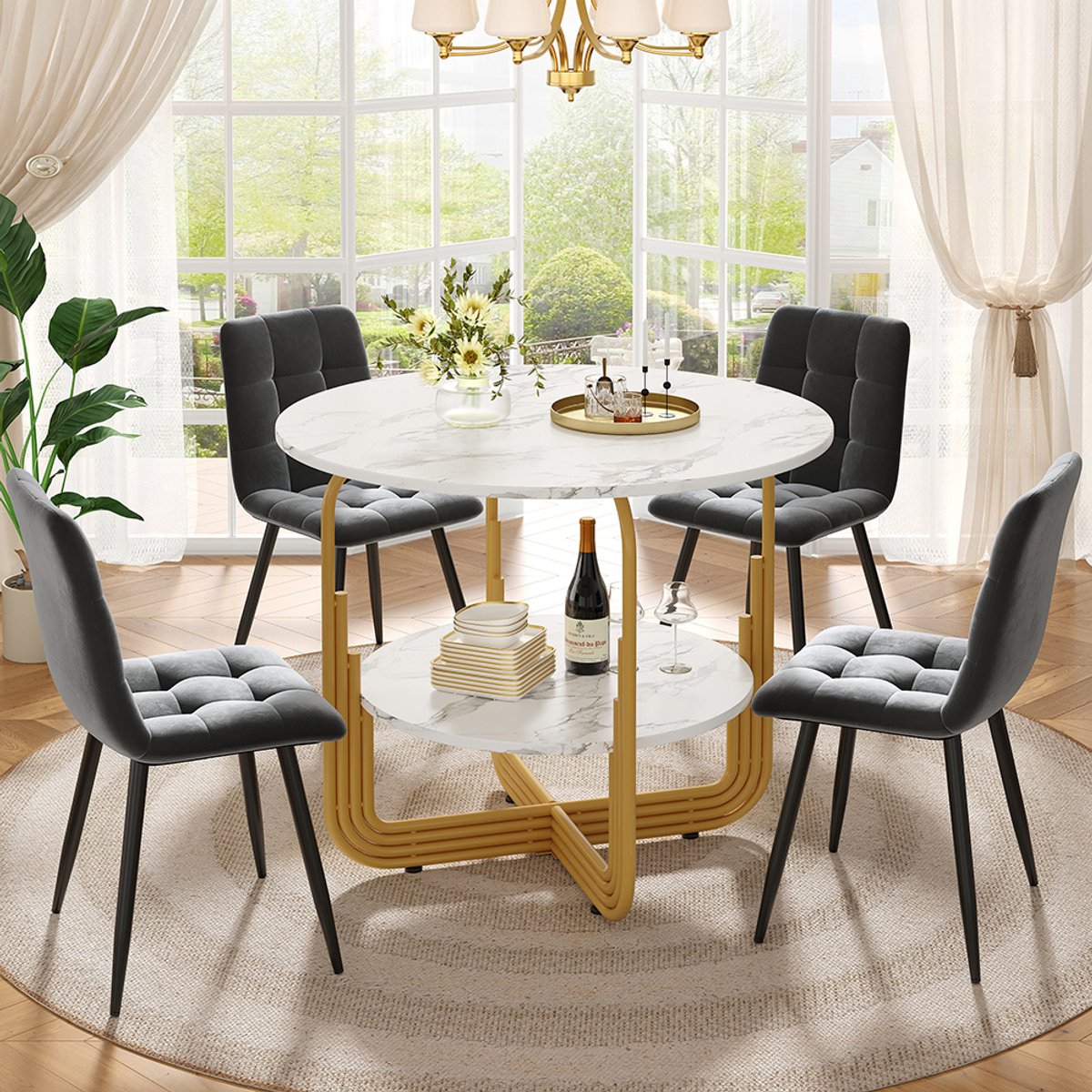 Pugsdrly Eettafelset (5-delig), eettafelset met 4 stoelen, moderne eettafelset voor de keuken, ronde keukentafel met een diameter van 80 cm, met goudkleurige metalen poten, marmeren MDF-blad, eetkamerstoelen in grijs