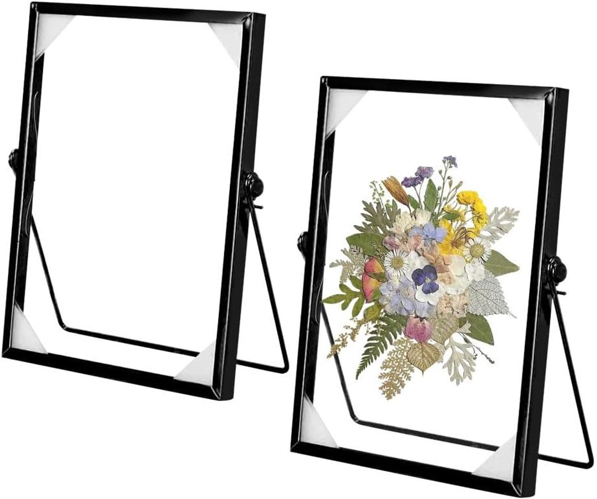 ByShane - Staande fotolijsten van glas A5 formaat 15 x 20 cm - Set van 2 - Metaal - Tafelblad plank - Dubbel glas met klemhoek van 60° - Festival bruiloft decoratie - Woondecoratie - Zwart