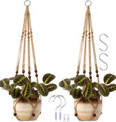2 Stuks Luxe Jute Plantenhangers - Boho Handgeweven Macrame Hangpot voor Binnen/Buiten - Hangende Bloempot met Kralen - Macramé Touw/Koord Hangplant Houder - Bohemian Wandhanger Decoratie - Plant Hanger - Verticale Tuin Bloempothouder Planthanger