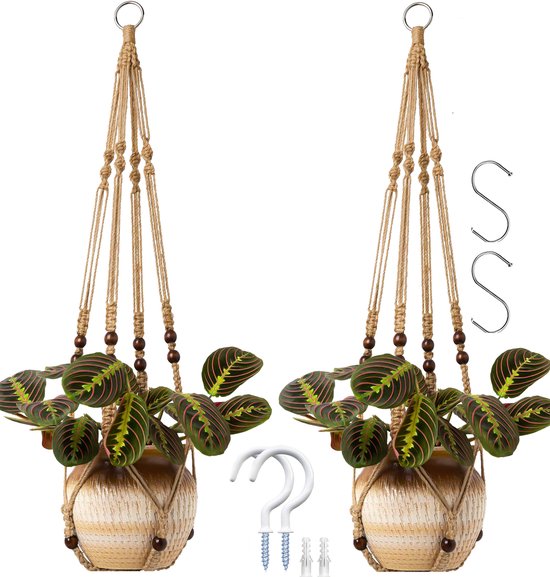 2 Stuks Luxe Jute Plantenhangers - Boho Handgeweven Macrame Hangpot voor Binnen/Buiten - Hangende Bloempot met Kralen - Macramé Touw/Koord Hangplant Houder - Bohemian Wandhanger Decoratie - Plant Hanger - Verticale Tuin Bloempothouder Planthanger