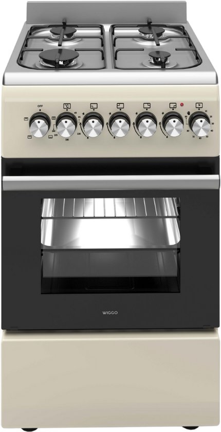 Wiggo WO‑E505R(CX) – Vrijstaand gasfornuis – 50 cm – 4 kookzones – 52L elektrische oven – Crème Roestvrijstaal – Energieklasse A – Timer & elektrische vonkontsteking – 5 jaar garantie