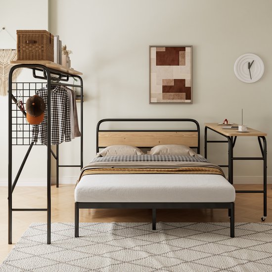 Bed - platte bedtafel - verticale kapstok - tafel op wielen - volledig slaapkamermeubilair - tiener & volwassene - zwart - 140x200cm