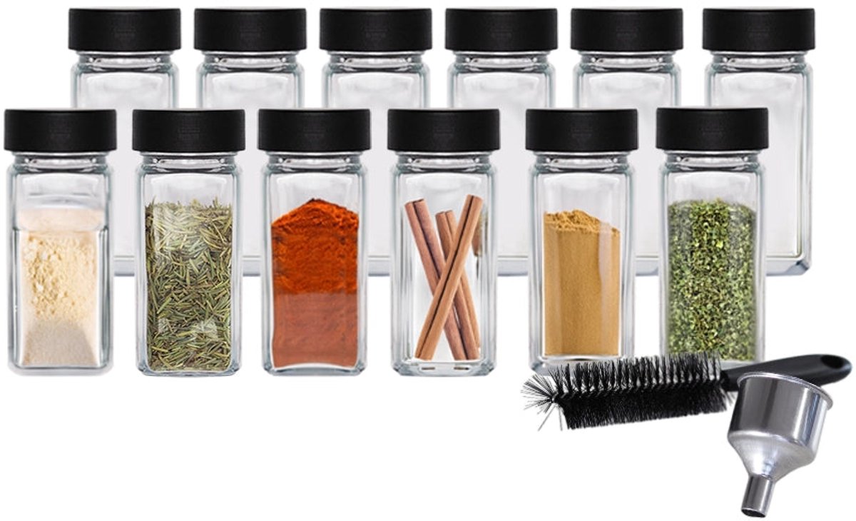 So Clever kruidenset 12 Kruidenpotjes 120 ml met Ø35mm Labels - Transparant & Wit - Met deksel