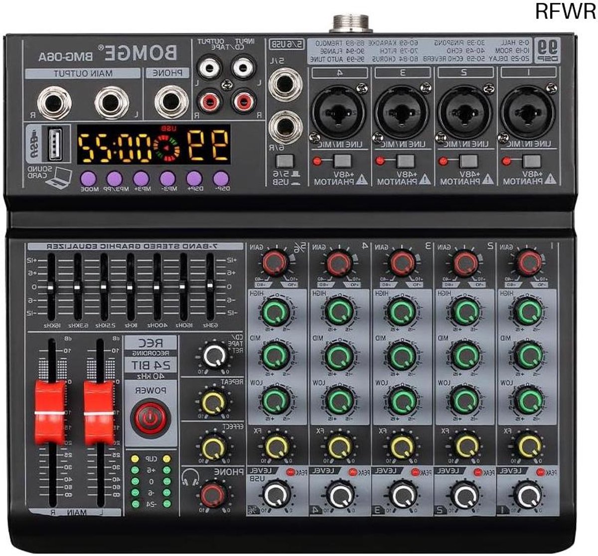 RFWR® Professionele 6-kanaals DJ-audiomixer met 99 DSP-effecten en Bluetooth-USB-interface