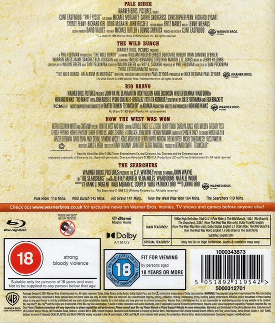 Blu-ray hoes met '18'-logo, 'Dolby Atmos' logo, 'dts-HD Master Audio' logo en tekst: Pale Rider, The Wild Bunch, Rio Bravo, How the West Was Won, The Searchers.