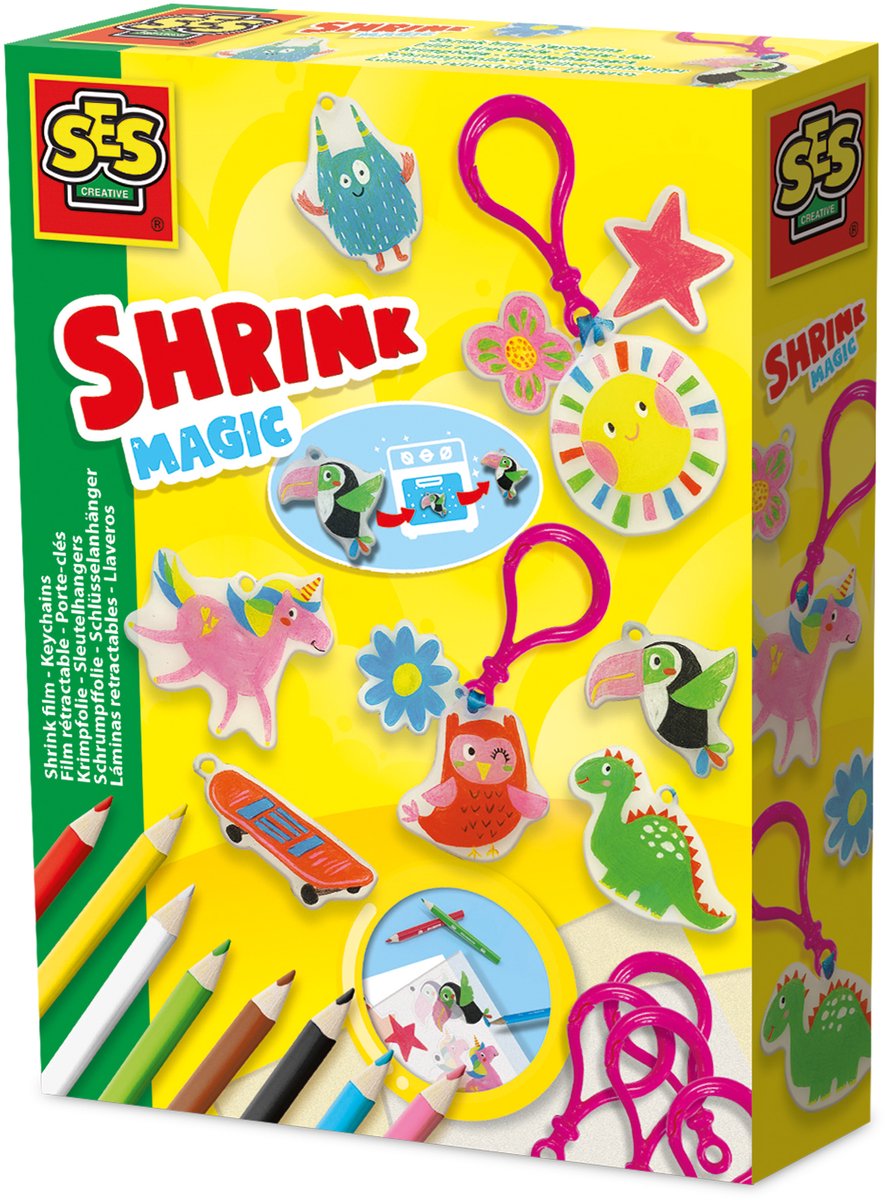 SES - Krimpfolie - Sleutelhangers maken - inclusief kleurpotloden, hangers en lint - knutselpakket - Creatief - Knutselen