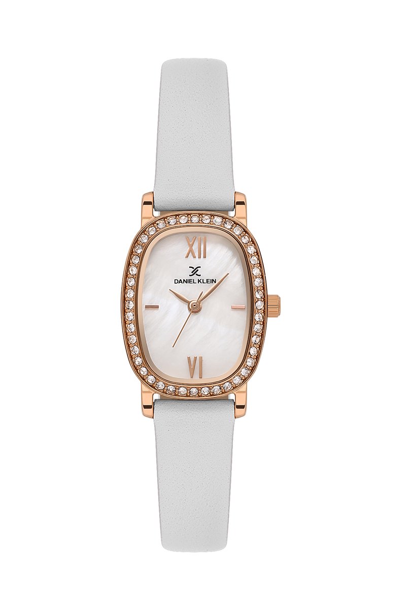Daniel Klein DK.1.13943-5 - Horloge - Polshorloge - Analoog - Dames - Vrouwen - Leren band - Ovaal - Metaal - Romeinse Cijfers - Wit - Briljante rosékleurig