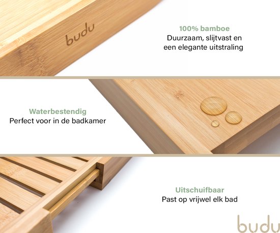 Budu Badplank Bamboe - Badplank voor in bad - Verstelbaar badrek - Houten badplank - Badrekje - Badplank hout - 70-105 cm