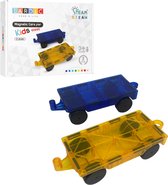 Een blauwe en een gele magnetische auto voor kinderen.