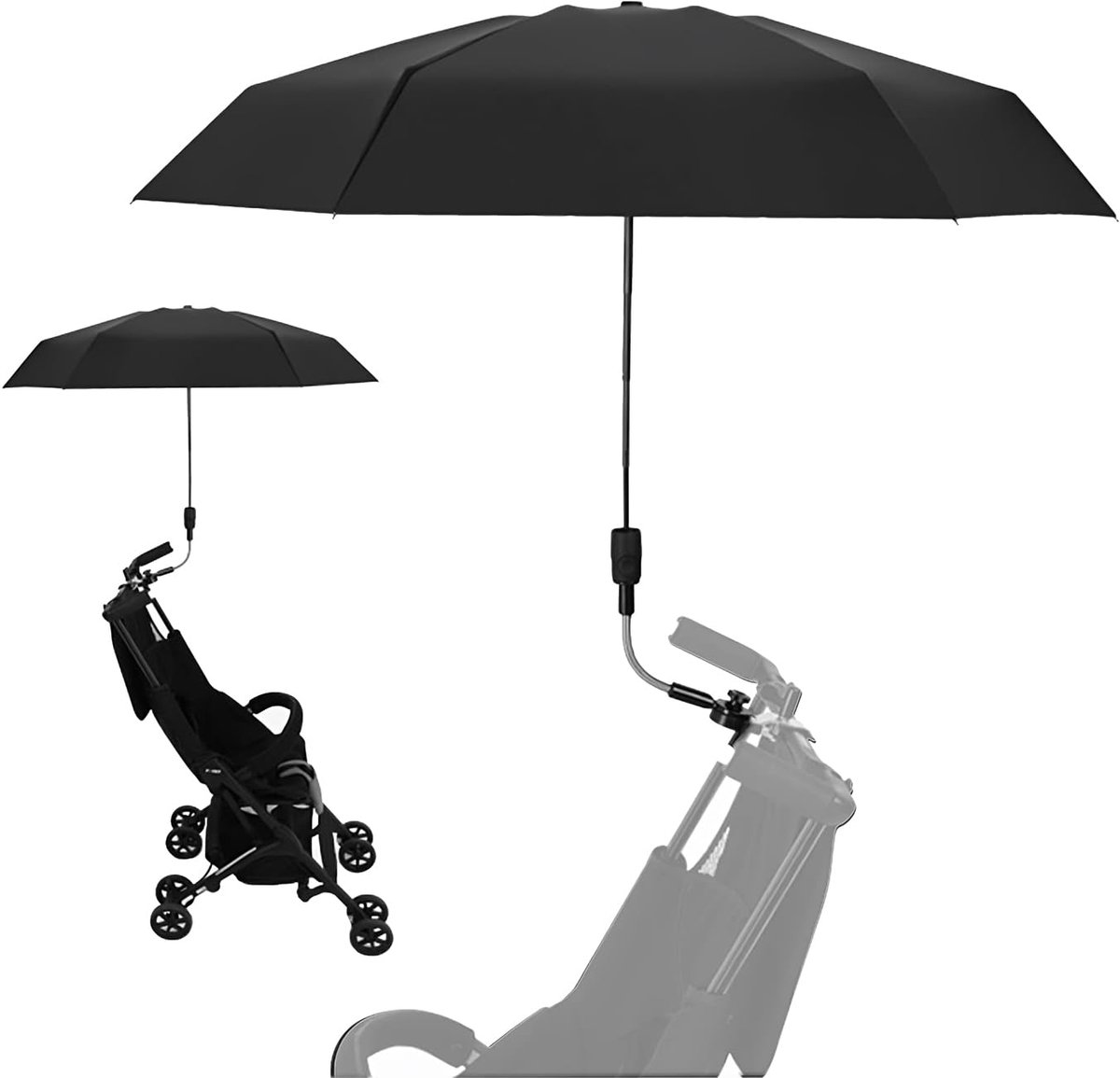 Dutchers® Parasol Kinderwagen Universeel - UPF50+ Zonbescherming – Buigbare Arm & Sterke Clip - Buggy Paraplu - Zonnescherm kinderwagen – Ø90 cm – Voor Zon, Regen & Schaduw Tijdens Middagdutjes - Zwart