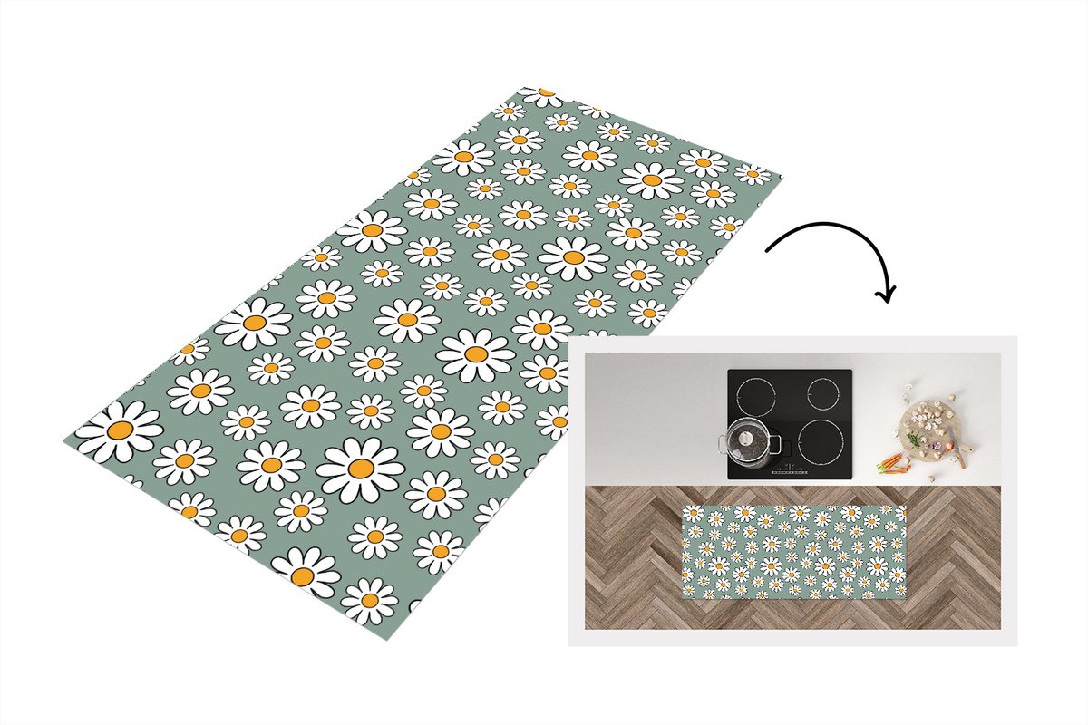 KitchenYeah Keukenloper 120x50 cm - Keukenmat vinyl Patronen - Vintage - Bloemen - Madelief - Keukenmatten loper - Keuken vloerkleed tapijt