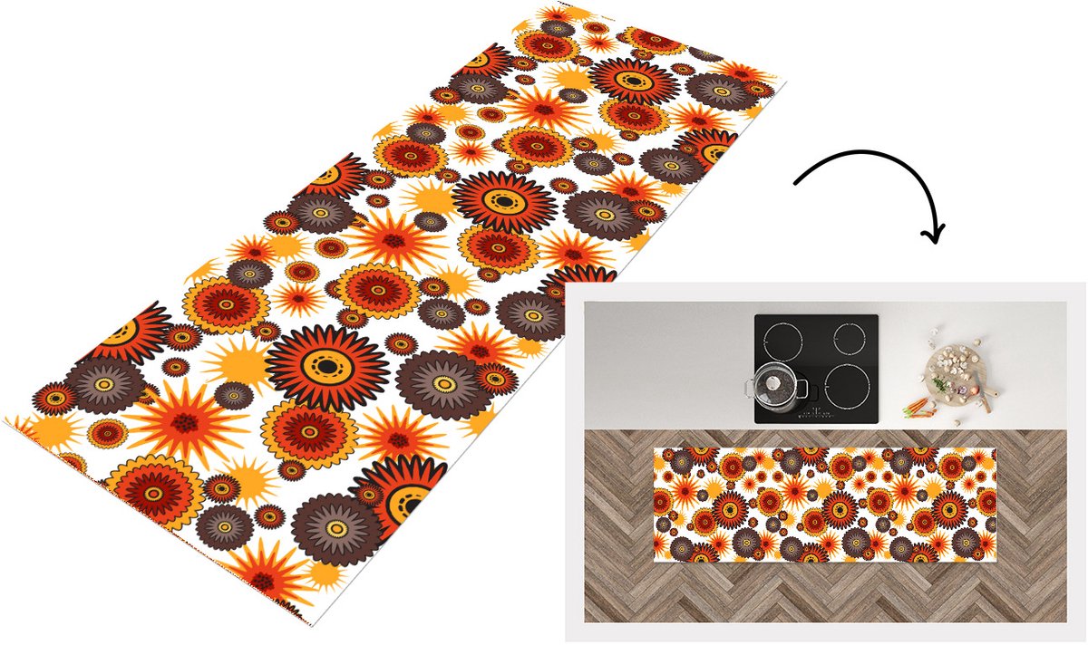 KitchenYeah Keukenloper - Keukenmat vinyl Design - Retro - Oranje - Bloemen - Keukenmatten loper - Keuken vloerkleed tapijt, foto 6