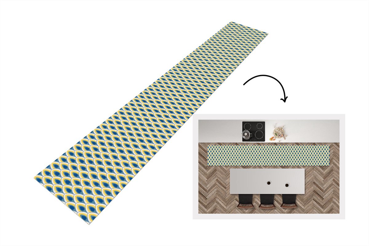 KitchenYeah Keukenloper 300x50 cm - Keukenmat vinyl Design - Patroon - Retro - Geel - Blauw - Keukenmatten loper - Keuken vloerkleed tapijt