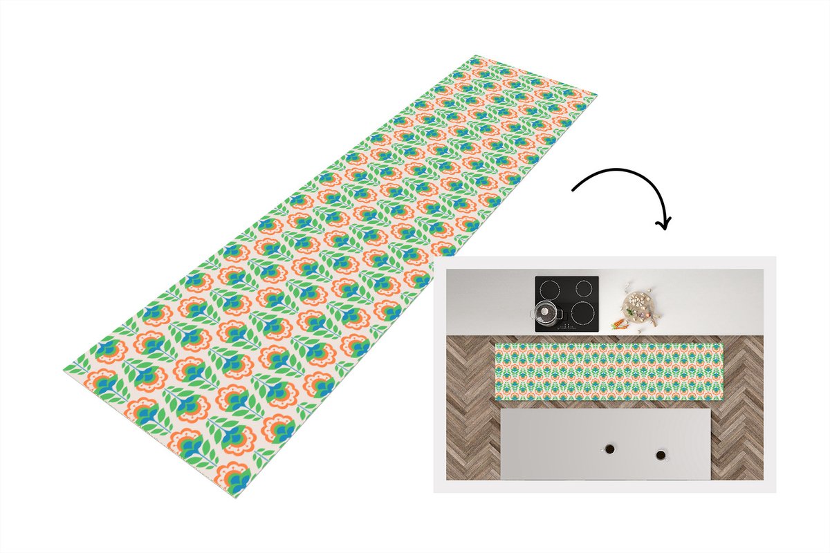 KitchenYeah Keukenloper 200x50 cm - Keukenmat vinyl Retro - Bloemen - Design - Groen - Oranje - Keukenmatten loper - Keuken vloerkleed tapijt