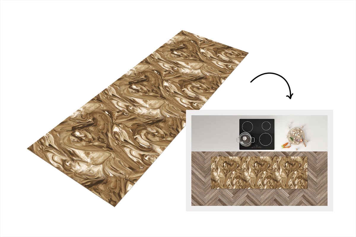 KitchenYeah Keukenloper 150x50 cm - Keukenmat vinyl Bruin - Marmer print - Verf - Patronen - Keukenmatten loper - Keuken vloerkleed tapijt