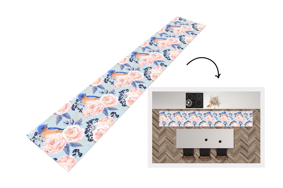 KitchenYeah Keukenloper 300x50 cm - Keukenmat vinyl Patronen - Roos - Vogel - Blauw - Keukenmatten loper - Keuken vloerkleed tapijt Rozen
