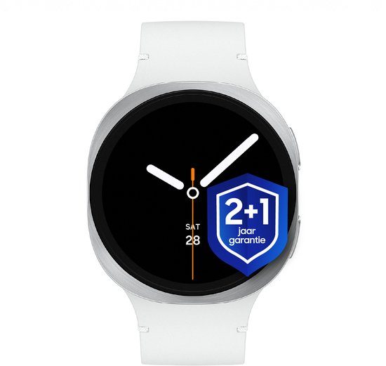 Witte smartwatch met zilverkleurige kast en zwart wijzerplaat, met '2+1 jaar garantie' logo.