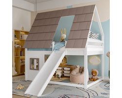 140 x 200 cm Chalet stapelbed met dak - ladder en glijbaan - witbruin - zonder matras