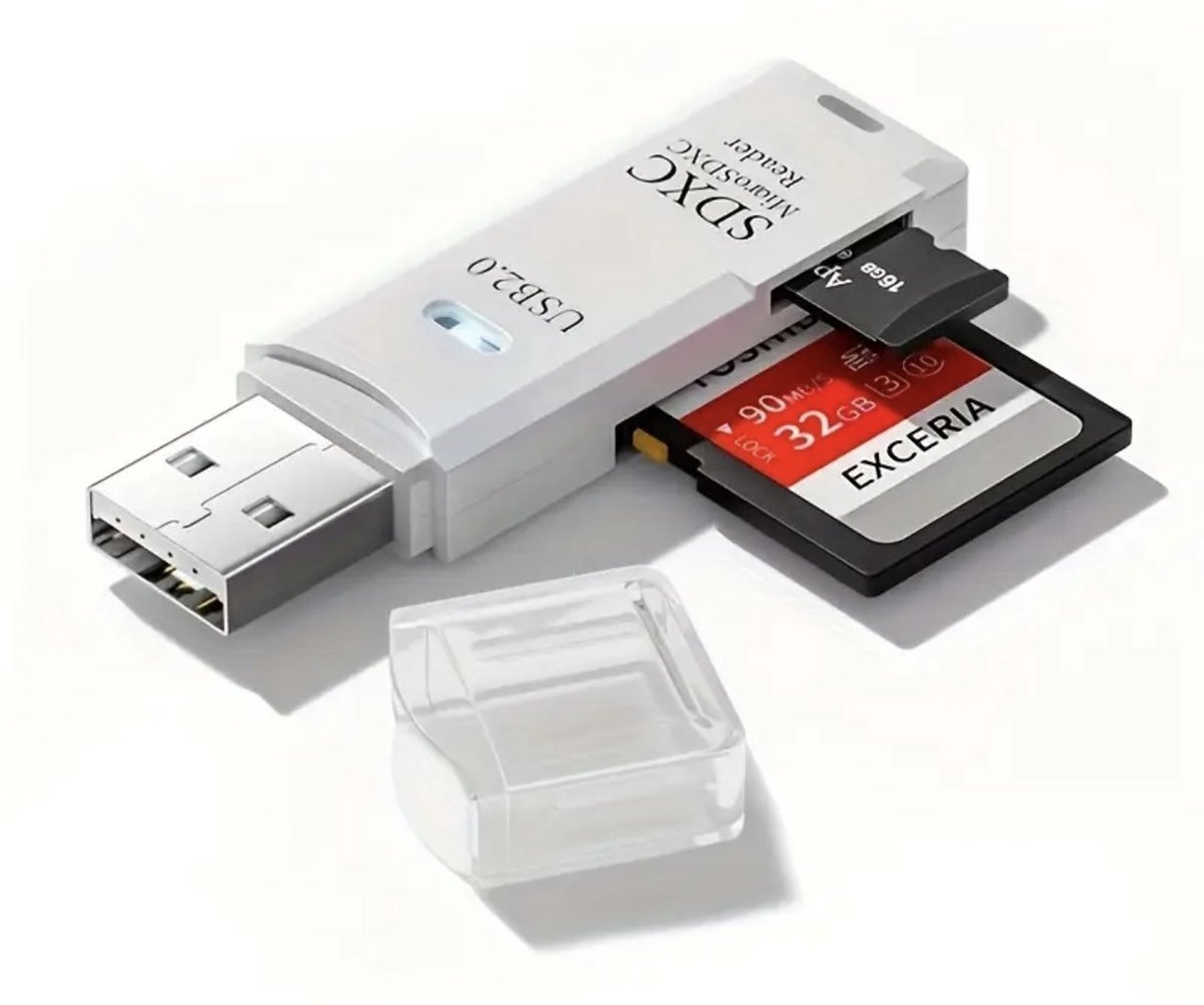 USB Cardreader - USB A connector - 2 kaartsleuven - micro SD - SD kaart - Kaartlezer - Wit