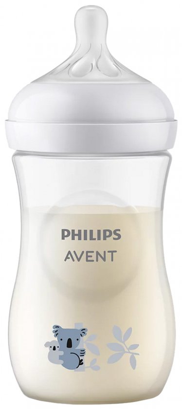 Philips Avent babyfles met koala print, gevuld met melk.