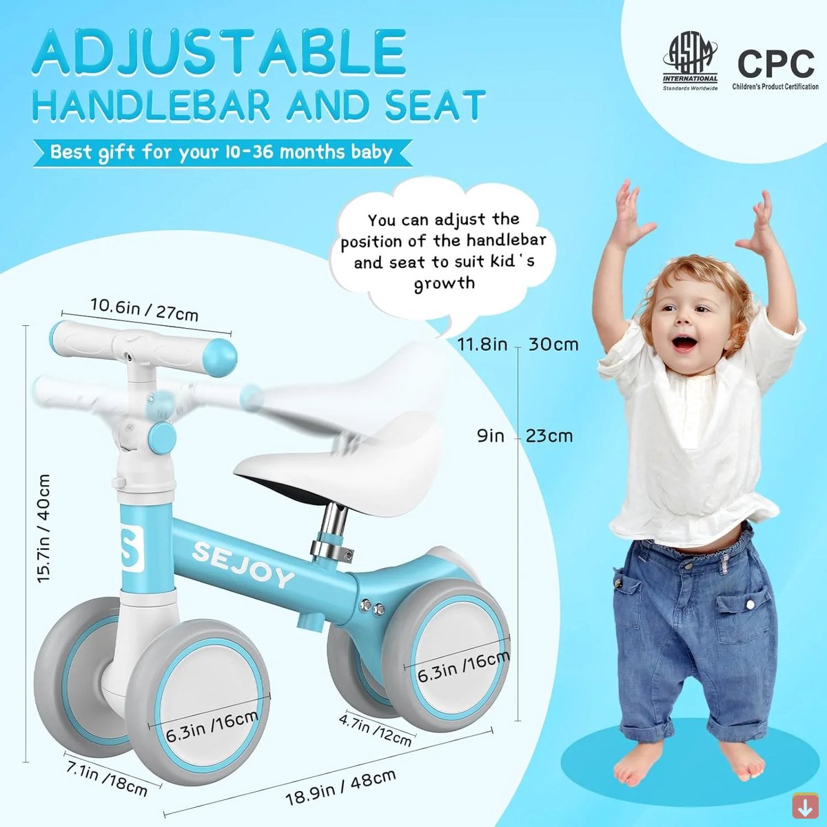 Sejoy Verstelbare Babybalansfiets Voor Jongens En Me 10 36 Maanden Balansfiets Kleine Kinderen Eerste Wandelfiets Verstelbare Zitting Trainingsfiets 4 Stille Wielen Geen Pedaal 1186423194