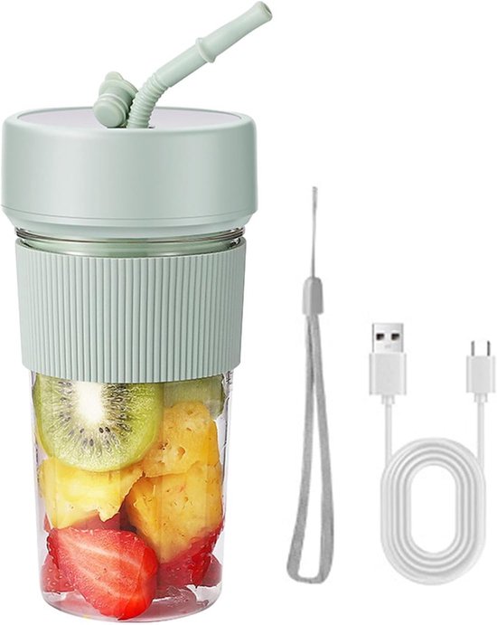 Mini Blender - 350 ml draagbare persoonlijke reisblender - 8,8 x 8,8 x 17,4 cm - Voor smoothies, milkshakes - Persoonlijke blender met rietje - Met 6 messen - Voor thuis, keuken, reizen, sport - Groen