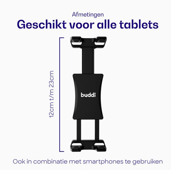 Zwarte Buddi tablethouder, verstelbaar van 12cm tot 23cm, ook voor smartphones.