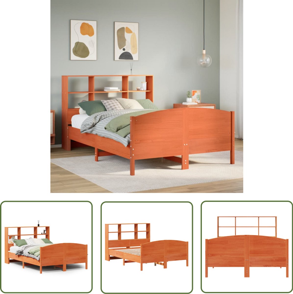 vidaXL Boekenkast - Bed - Bed met boekenkast zonder matras grenenhout wasbruin 120x200 cm - Houten Bed - Grenenhouten Bed - Slaapkamers