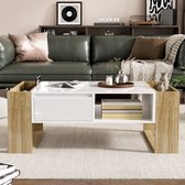 Re-purelife® Moderne Salontafel met Grote Opbergruimte – 105x60x40 cm – Hoogglans Wit & Hout – Met Lade en Open Vakken – Woonkamer Tafel