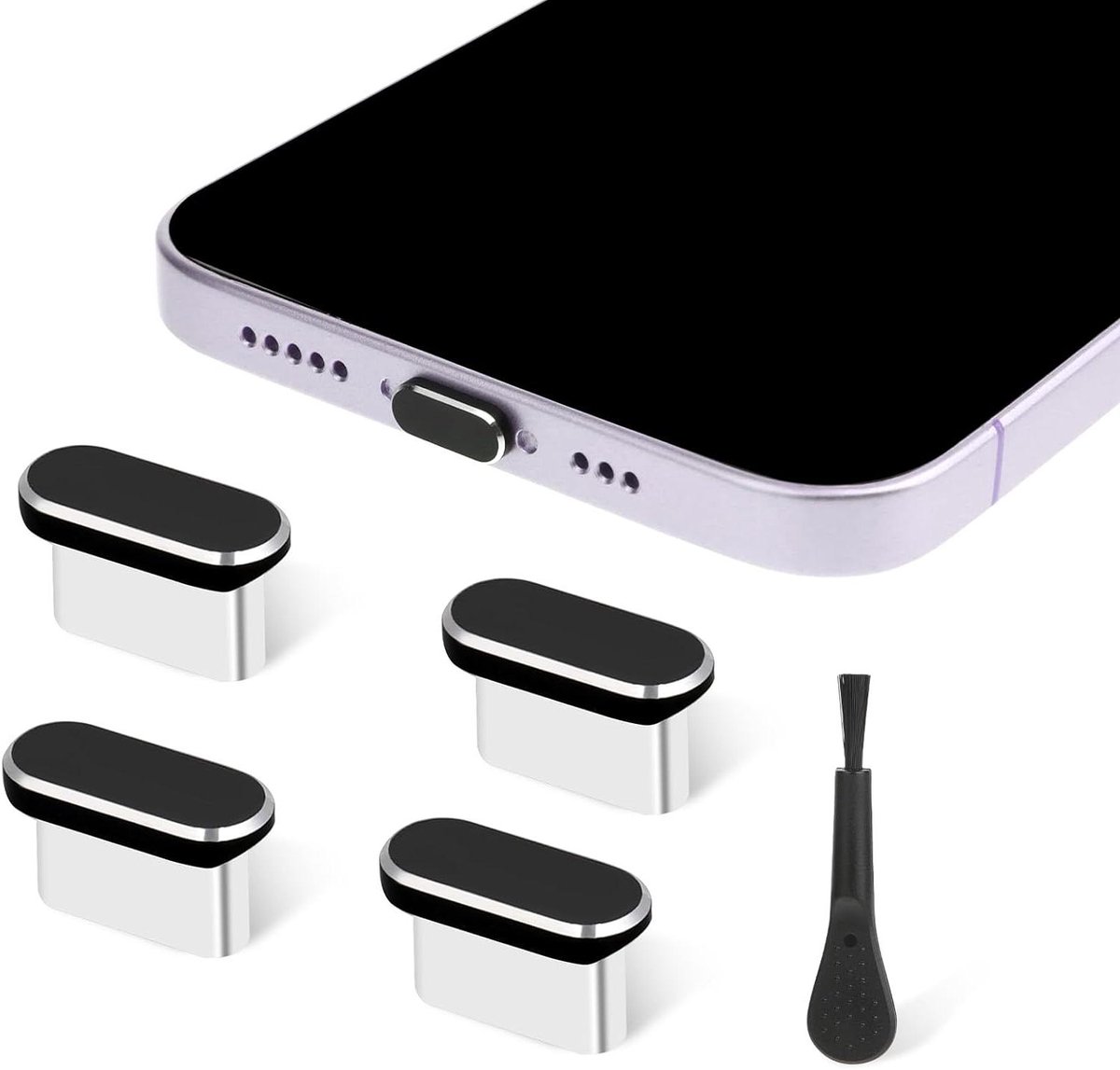 Titel: USB C Dust Protection Set van 4 - Type C Dust Plug USB C Cover - Cleaning Brush - Smartphone Laptop - Zwart