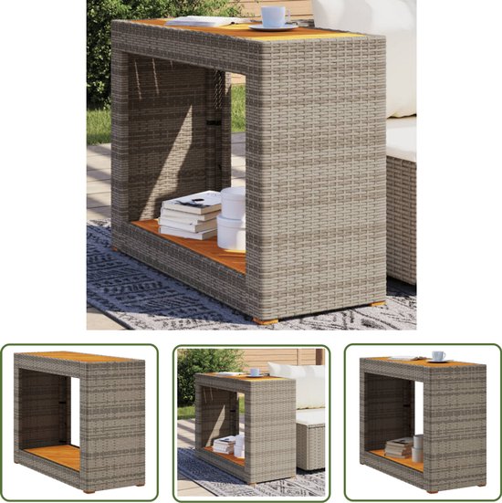 vidaXL Buitentafel - Tuinbijzettafel - Tuinbijzettafel met houten blad 100x40x75 cm poly rattan grijs - Patiotafel - Ratan Tafel - Grijze Tafel