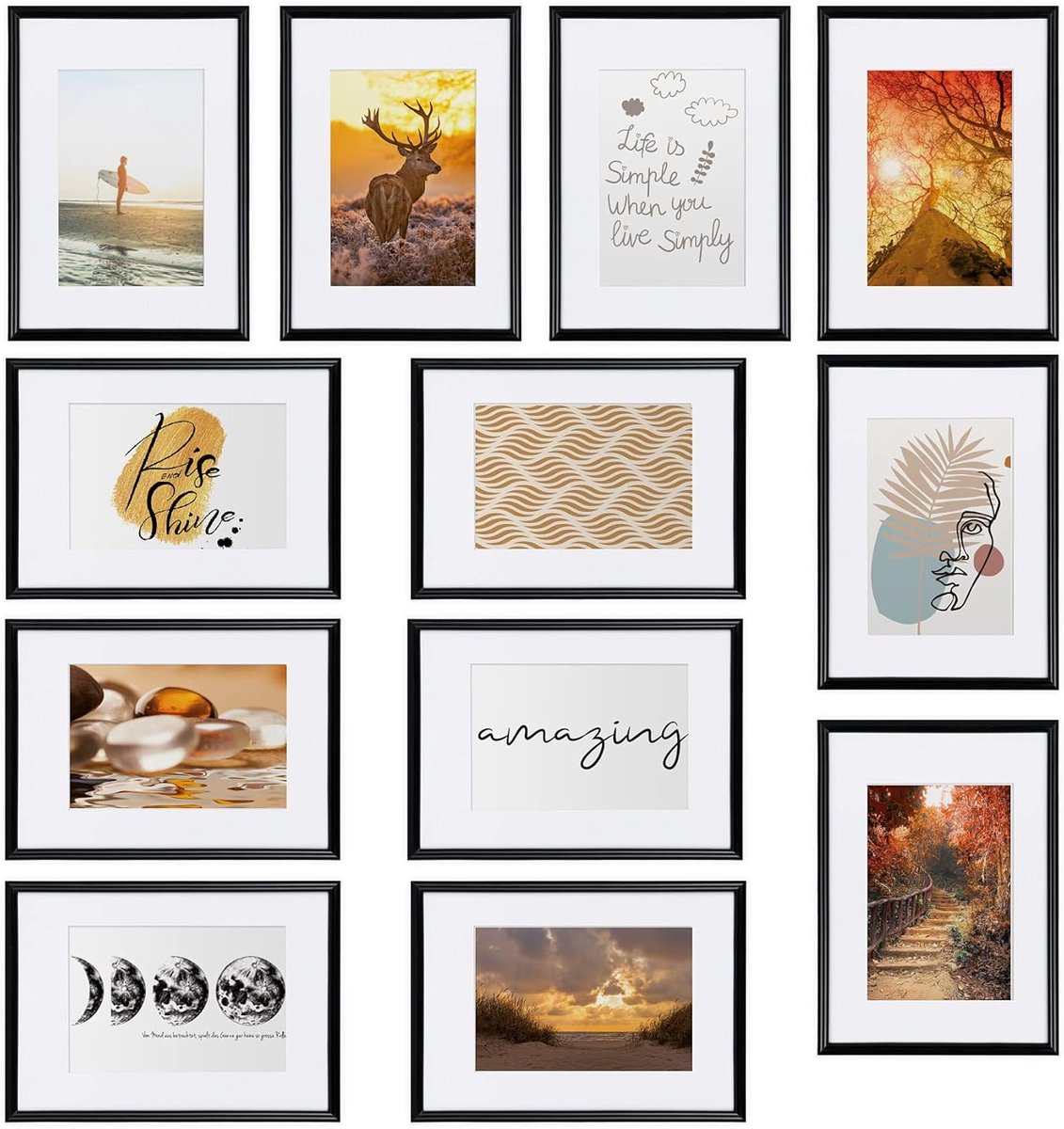 Famanu - Fotolijst set van 12 fotolijsten á 13x18cm – fotolijstje van kunststof – fotocollage lijsten in verschillende maten zwart – fotocollagelijsten voor fotowand – Sunlight