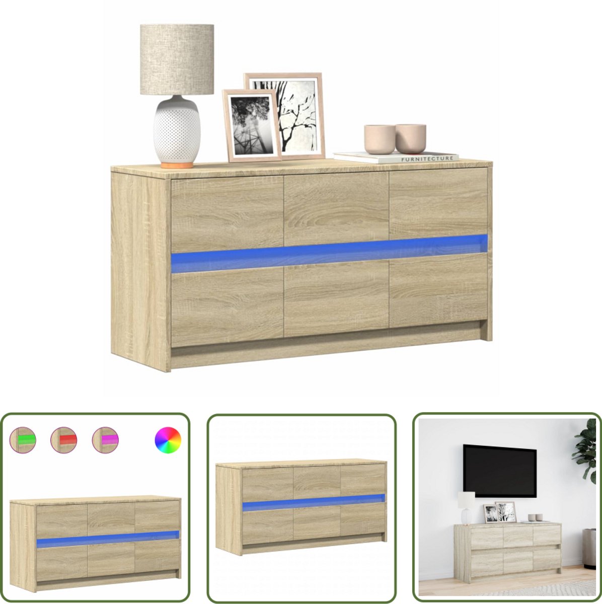 vidaXL Led Tv Kast - Tv Meubel - Tv-meubel met LED 100x34x50 cm bewerkt hout sonoma eikenkleurig - Salontafel - Houten Tv Stand - Tv Unit