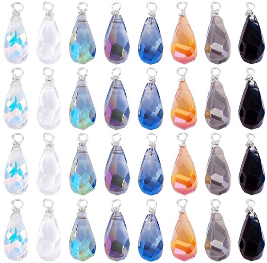 TRANKIELO® - Set de 32 Breloques en forme de larme à facettes - Pendentifs en cristal de Verres en 8 couleurs - Fabrication de Bijoux - Pour Colliers, Bracelets et Boucles d'oreilles