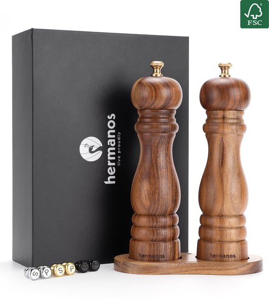 Foto: Peper en zoutmolen set handmatig acaciahout lyon bruin hermanos peper zoutstel 22 cm verwisselbare knoppen zwart zilver en goud instelbare maalgraad bbq accessoires